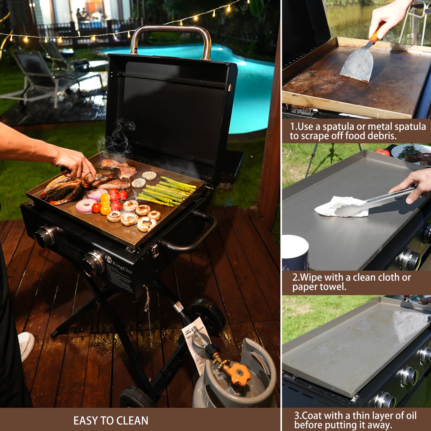 KingChii 2-Burner 19" Propane Griddle with Flex-fold Legs for Camping, Tailgating, BBQ, Parties, Backyard & Patio