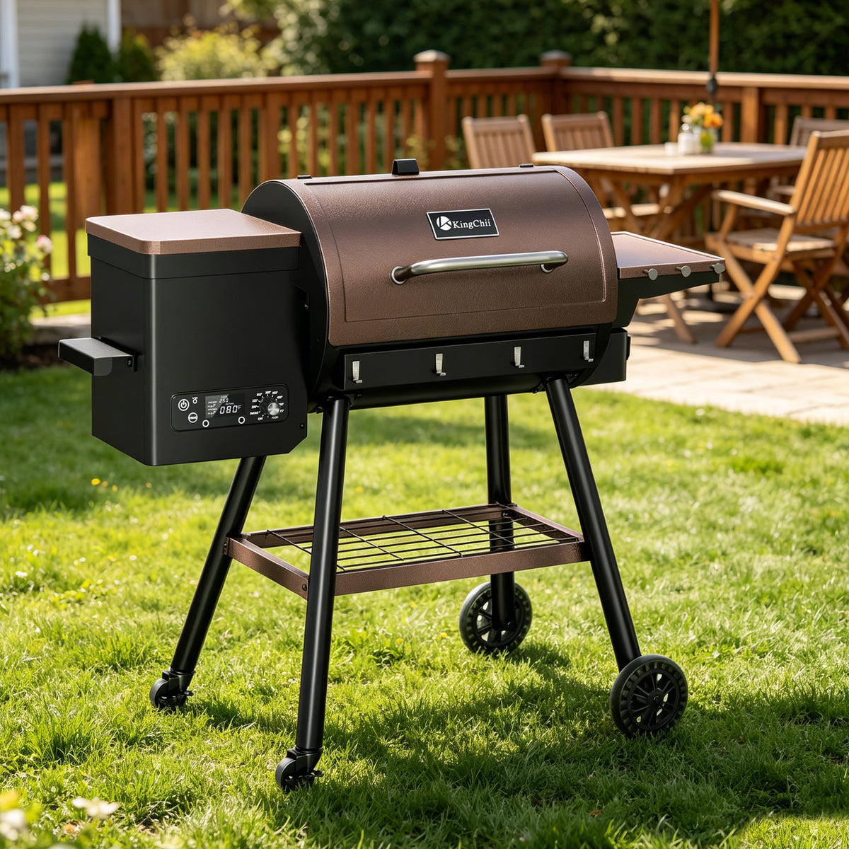 KingChii Portable Wood Pellet Grill and Smoker with Wheels for Backyard BBQ