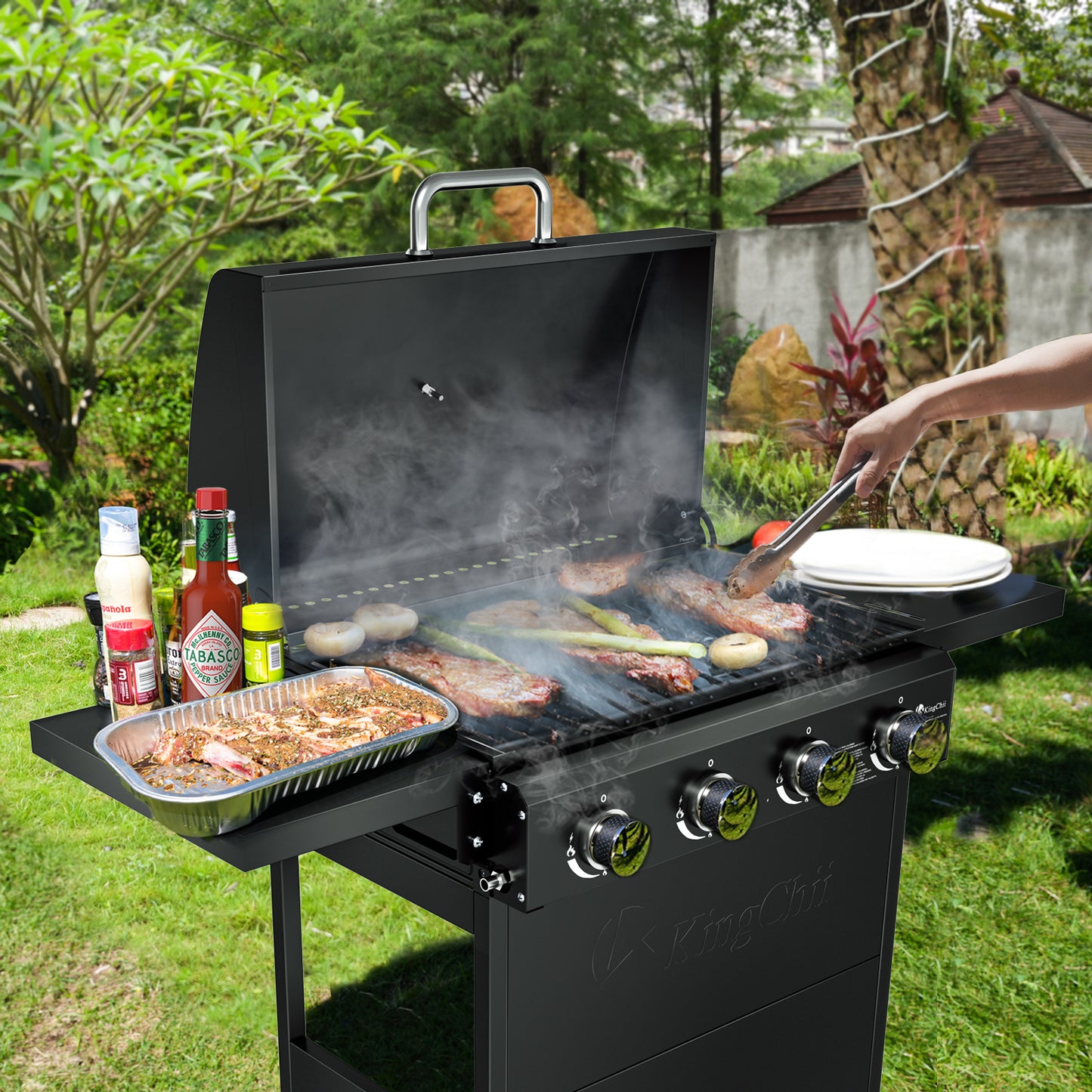 Kingchii 4-Burner Gas Grill 38,000 BTUs Propane Grill with Side Tables for Outdoor Grilling, BBQs and Camping