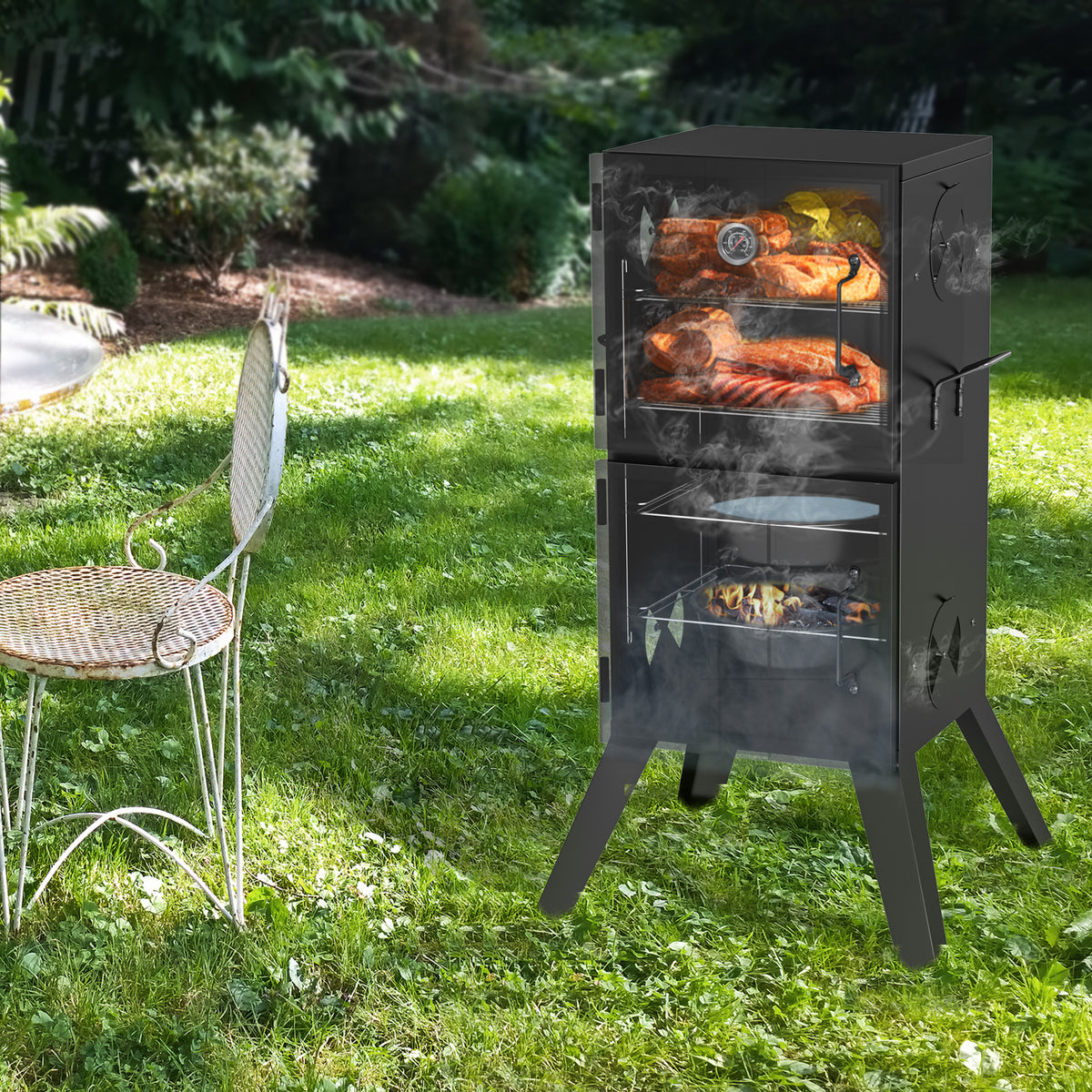 KingChii Vertical BBQ Charcoal Smoker for Outdoor Grilling and Slow Smoking