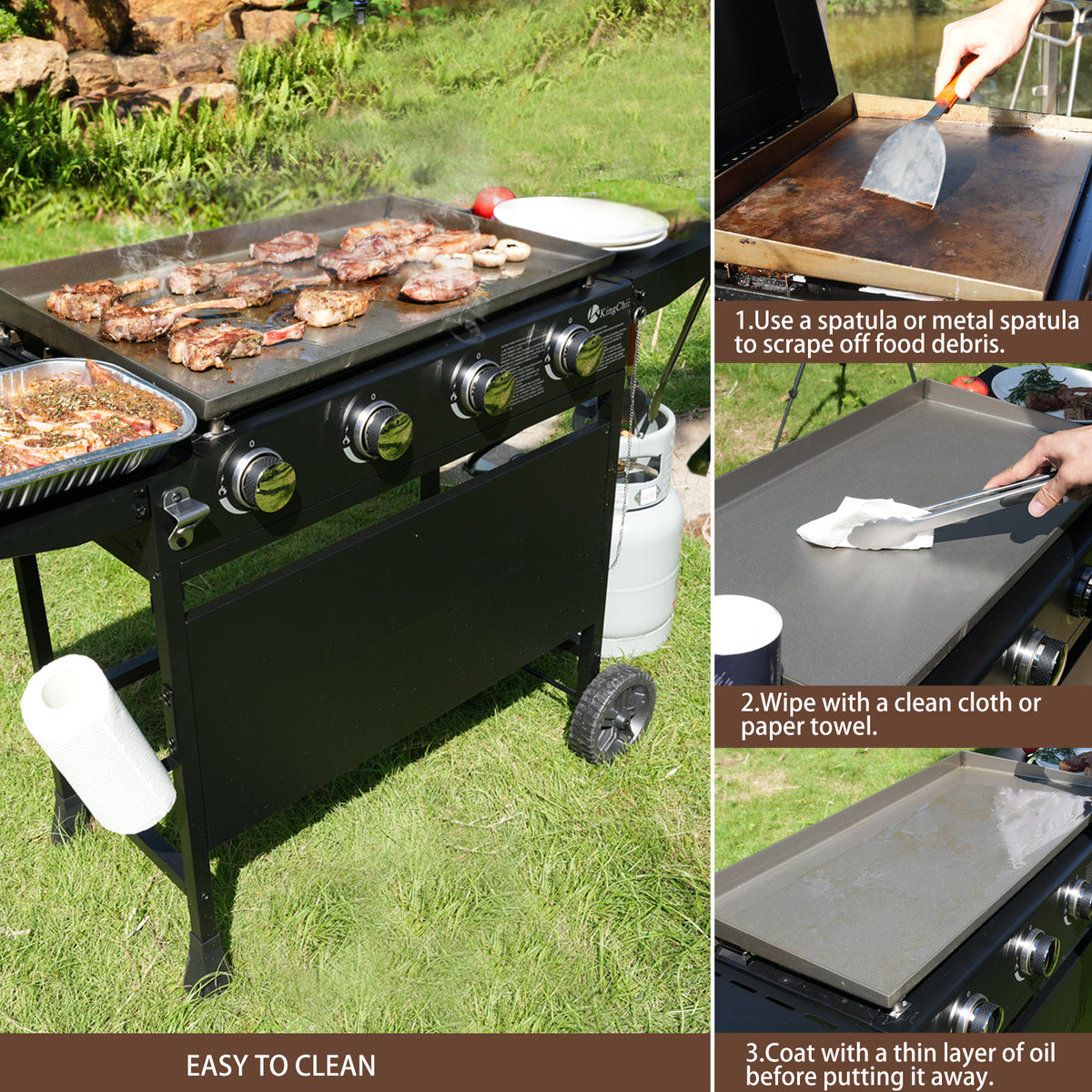 Portable 4-Burner Propane Griddle with Lid and Wheels for Outdoor Cooking