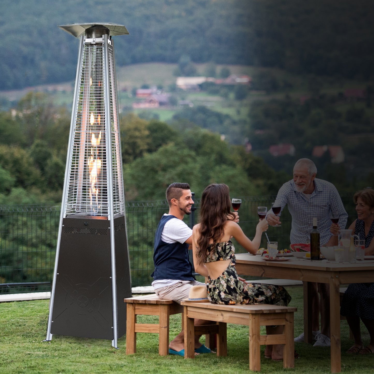 Kingchii 48,000 BTU Pyramid Outdoor Heater with Wheels for Patio, Backyard, Pool, Commercial & Residential