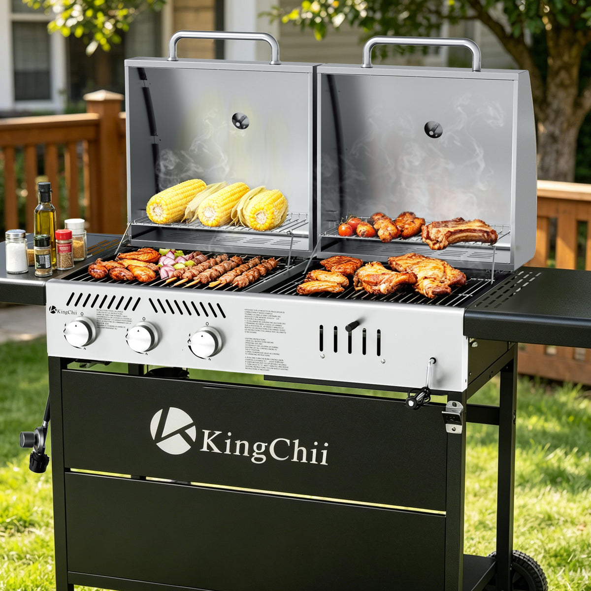 KingChii Heavy Duty Dual Fuel Gas Charcoal BBQ Grill for Backyard Family Gatherings