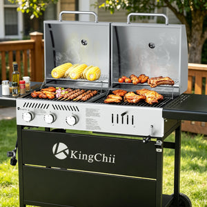 KingChii Heavy Duty Dual Fuel Gas Charcoal BBQ Grill for Backyard Family Gatherings
