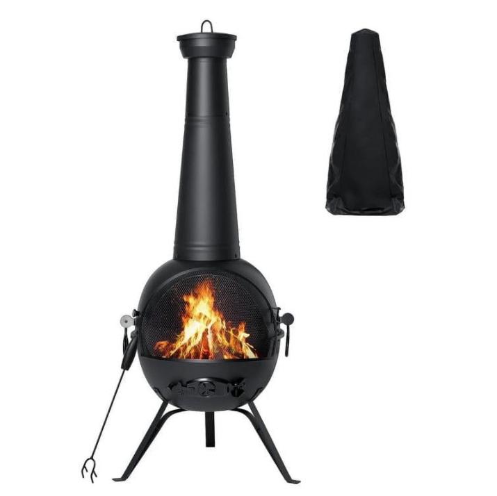 KingChii Chiminea Outdoor Fireplace, Wooden Fire Pit for Patio Backyard with Cover, Black