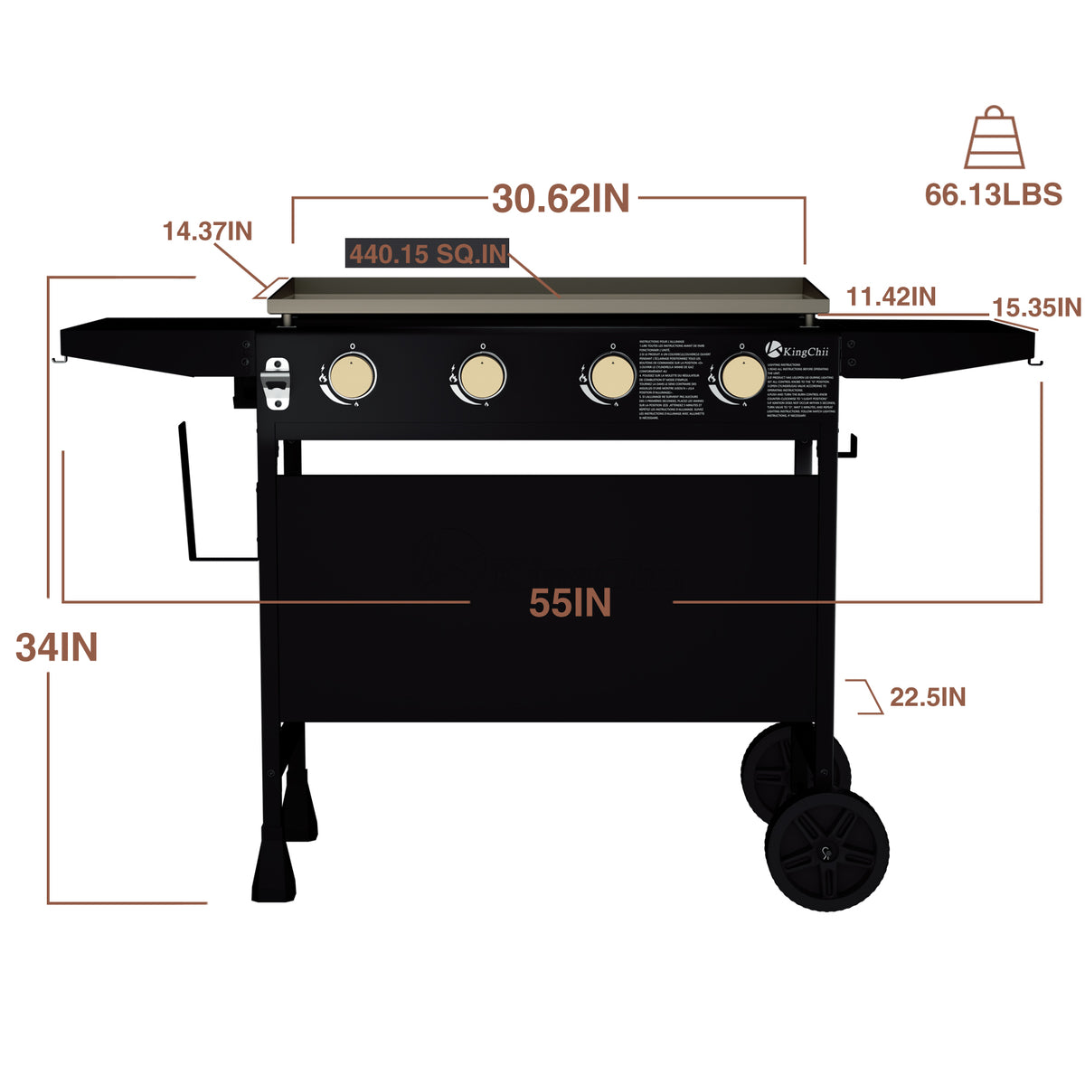 KingChii 30.6 Inch 4-Burner Propane Griddle Dimensions with Stand and Wheels