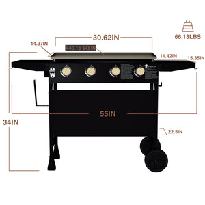 KingChii 30.6 Inch 4-Burner Propane Griddle Dimensions with Stand and Wheels