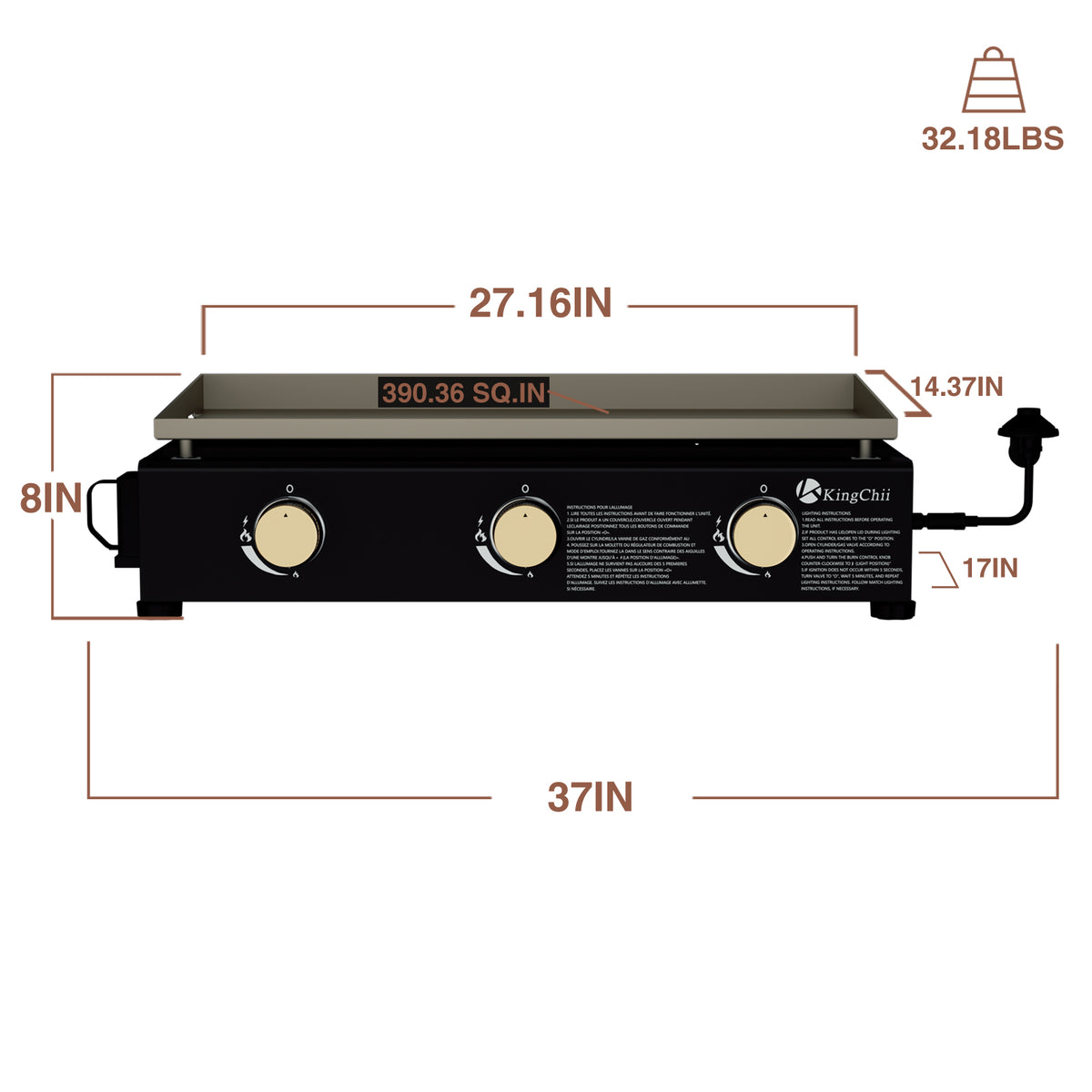 KingChii 27 Inch 3-Burner Propane Griddle Dimensions and Portable Design