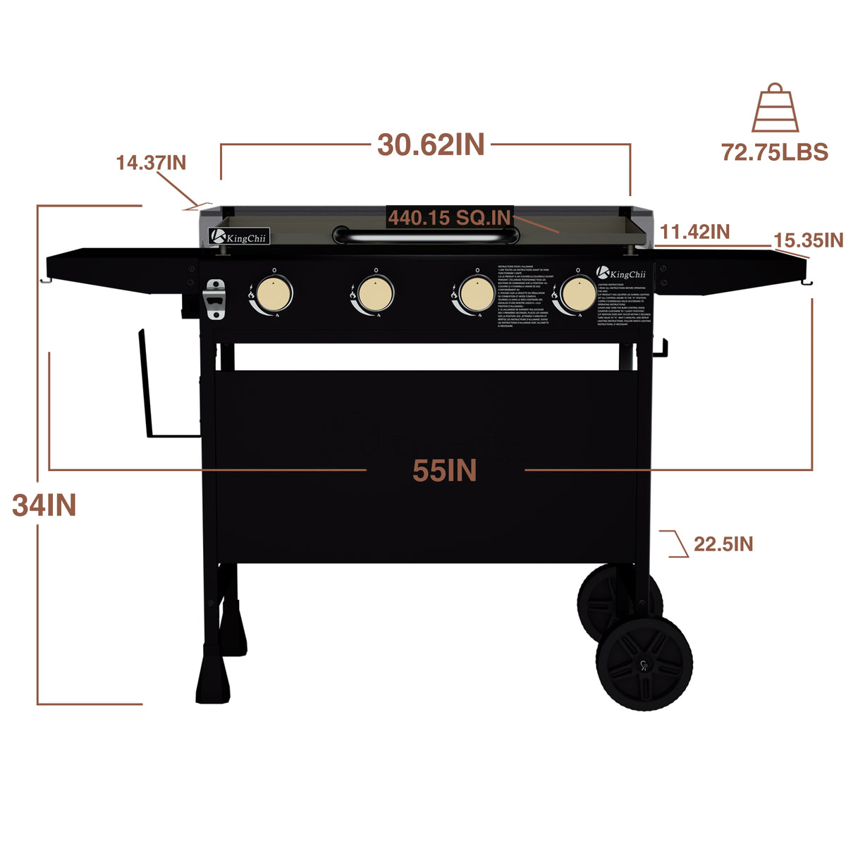 KingChii 30.6 Inch 4-Burner Propane Griddle Dimensions with Hard Cover and Cart