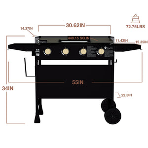KingChii 30.6 Inch 4-Burner Propane Griddle Dimensions with Hard Cover and Cart