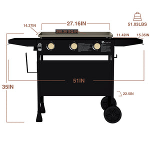 KingChii 27 Inch 3-Burner Propane Griddle Dimensions with Cart and Wheels