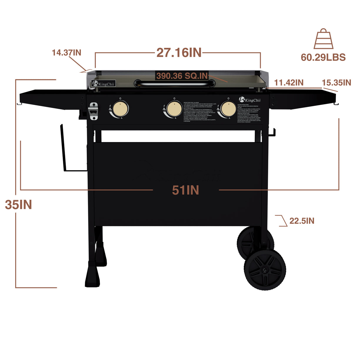 KingChii 27 Inch Outdoor Propane Griddle Dimensions with Wheels and Hard Cover