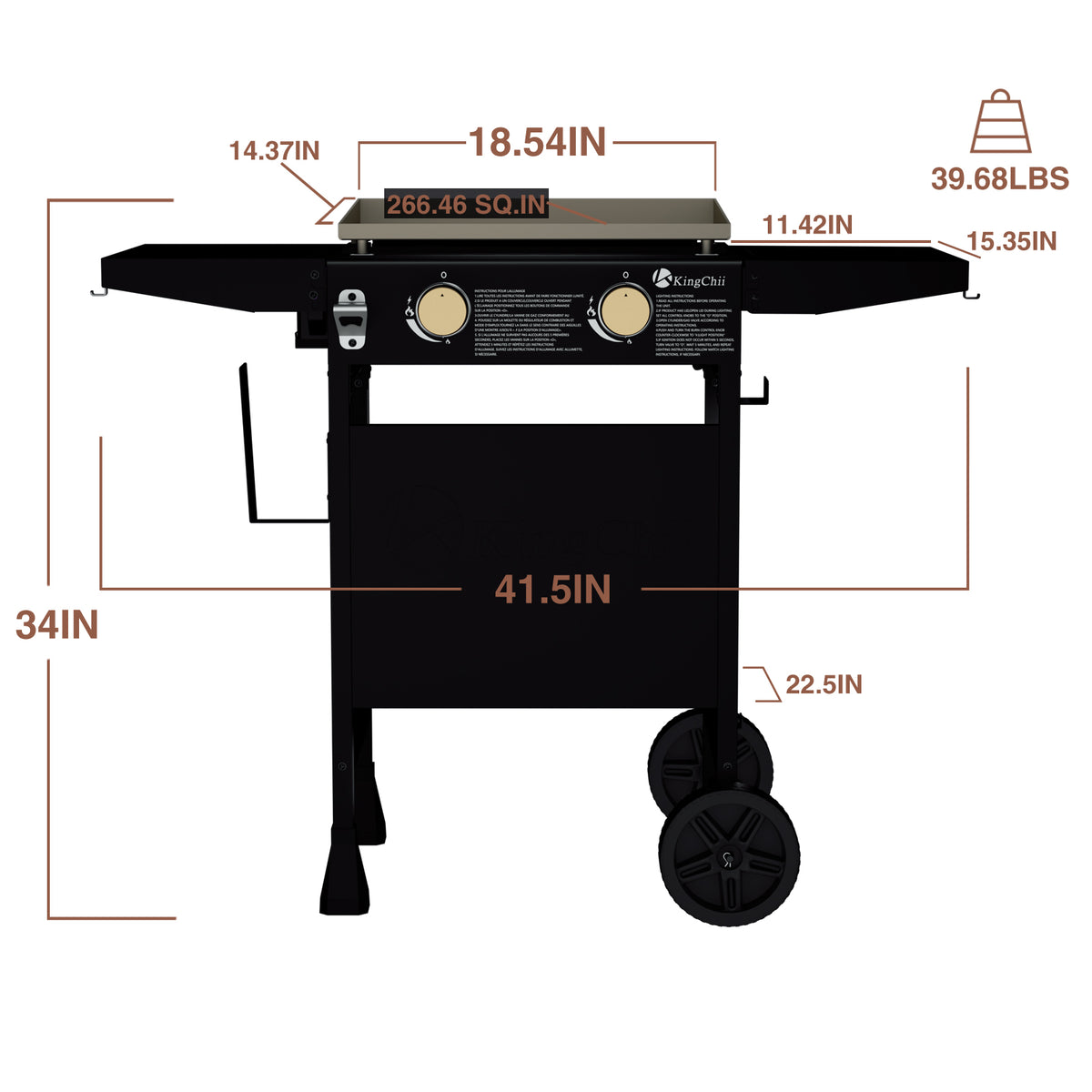 KingChii 18.5 Inch 2-Burner Propane Griddle Dimensions with Stand and Wheels
