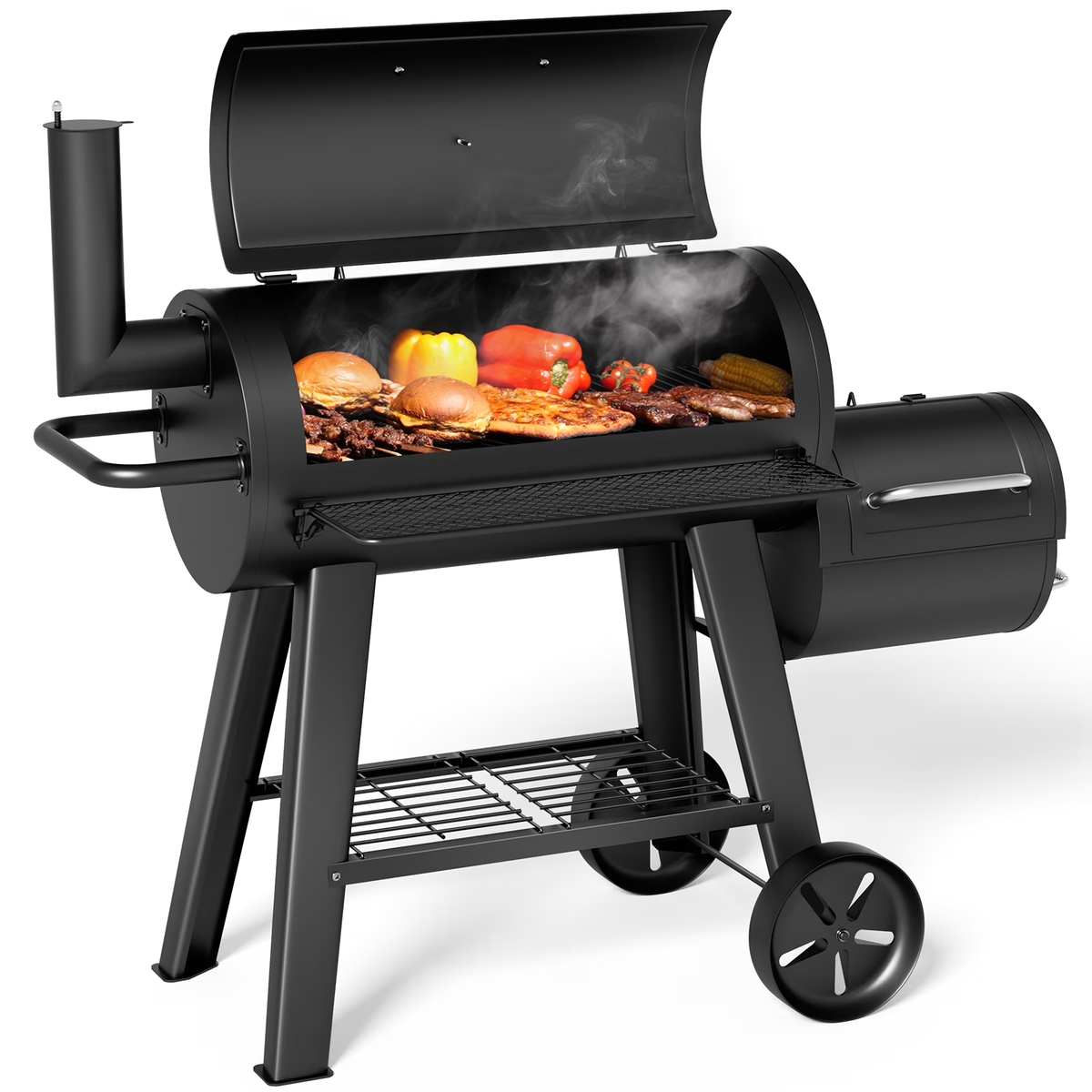 KingChii Heavy Duty Charcoal BBQ Grill and Offset Smoker with Porcelain Coated Grates