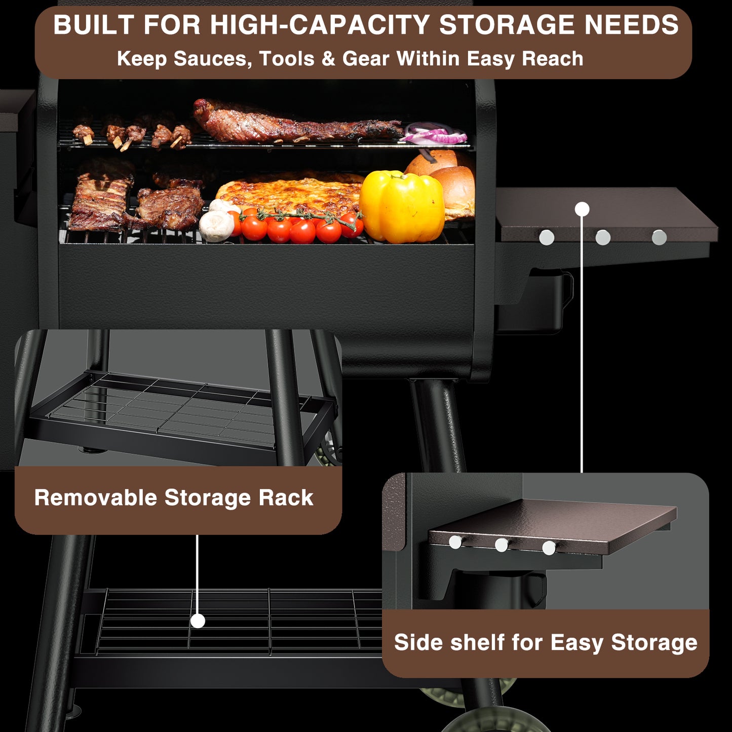 KingChii 456 Sq In Brown Pellet Grill & Smoker with Side Shelf