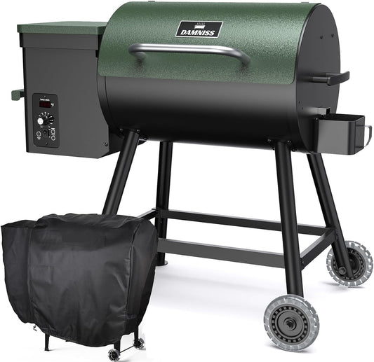 456 SQ.IN Wood Pellet Grill Smoker with Auto Temperature Control for Outdoor RV 8-in-1 BBQ Green with Rain Cover