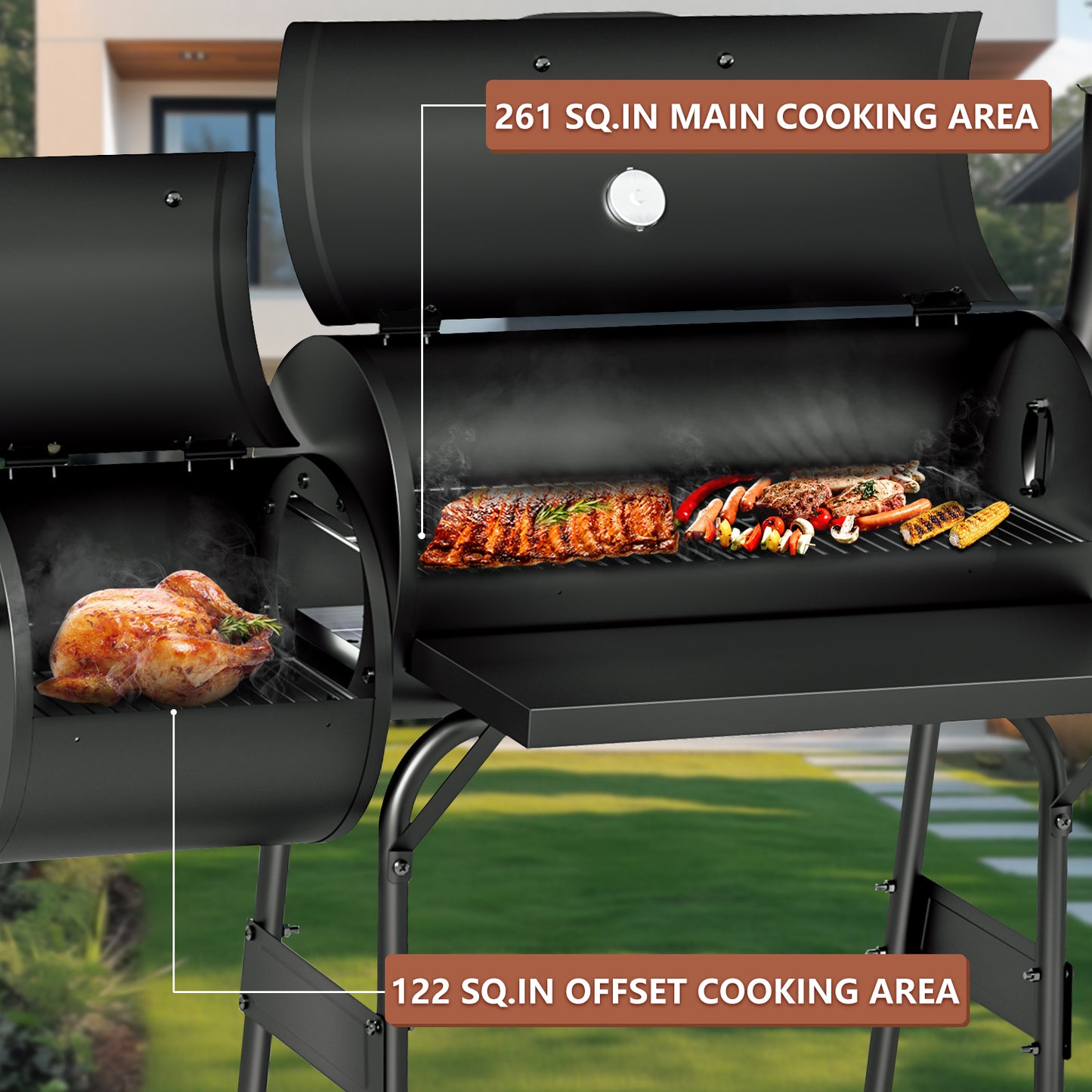 KingChii BBQ Charcoal Smoker and Grills, Offset Smoker for Outdoor, Garden, Patio and Backyard, Black