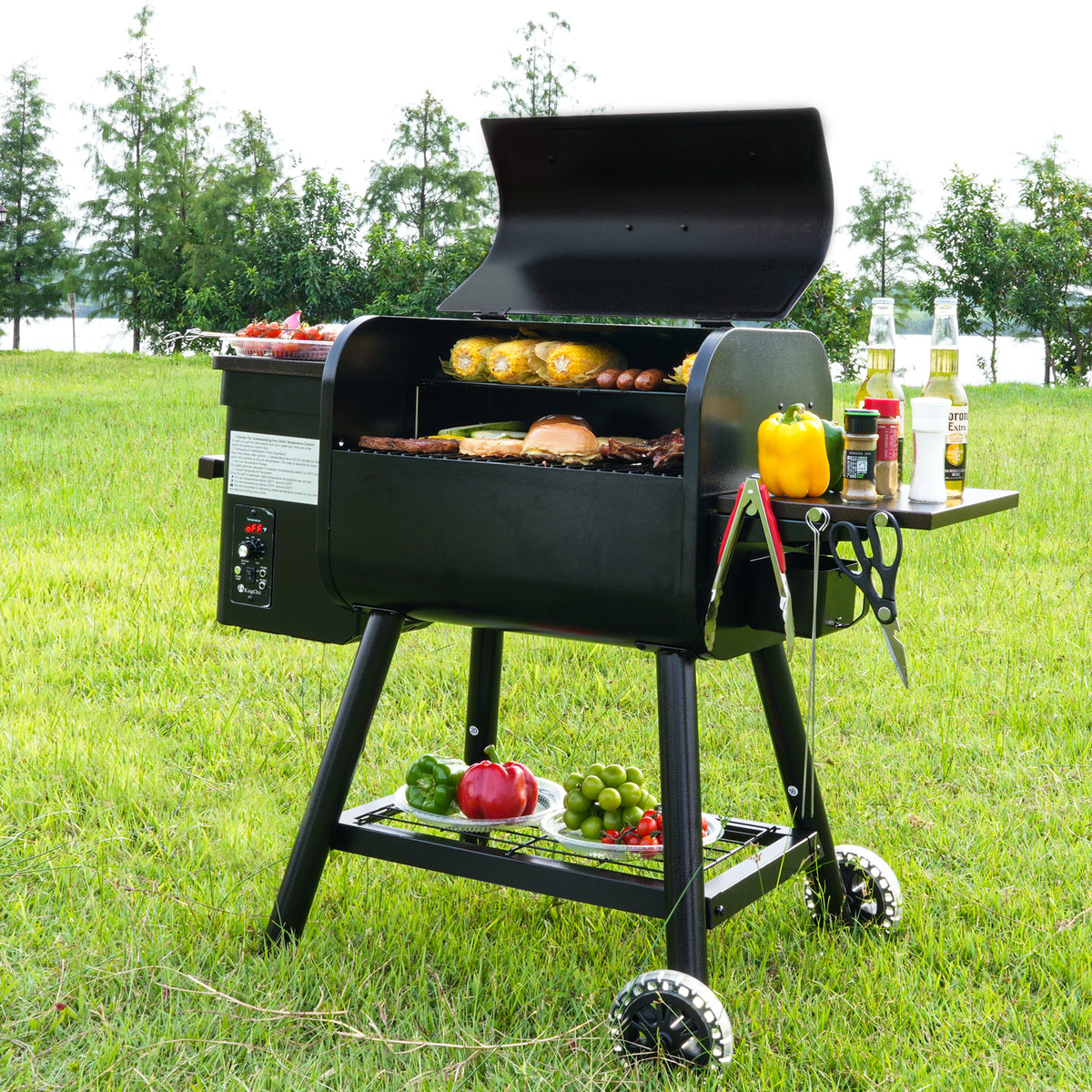 KingChii Wood Pellet Grill and Smoker with Side Shelf for Outdoor Family BBQ