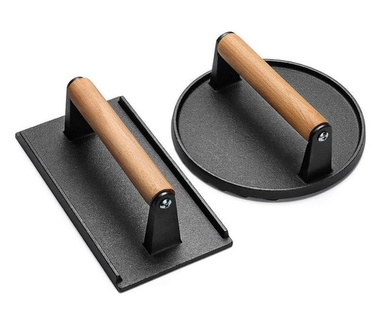 KingChiiRound and Rectangle Cast iron Grill Press with Wooden Handle (2 PCS)